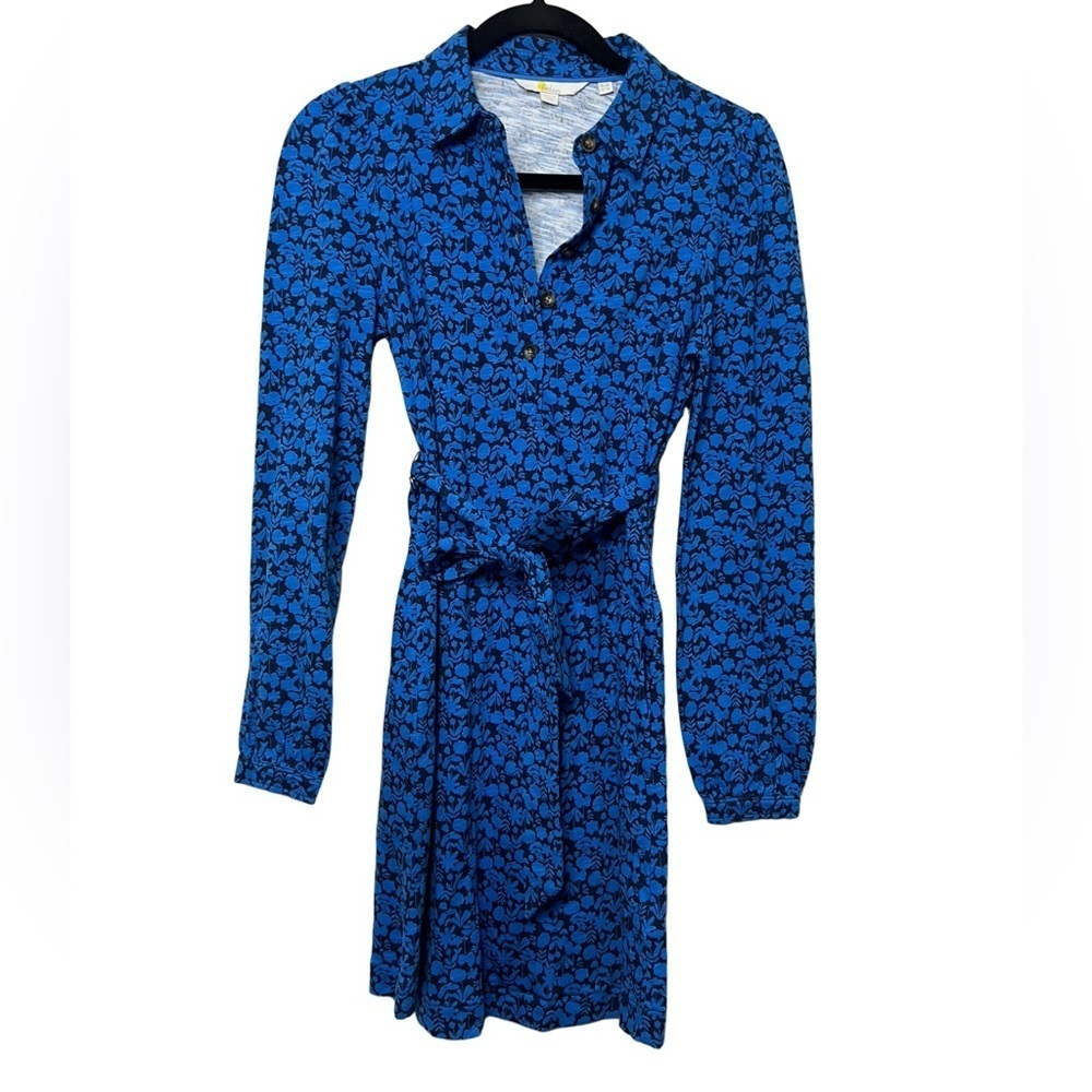 Boden Womens 2R Shirt Dress Blue Floral Knit Long Sleeve Cotton Knee Length